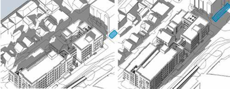 Figur 21. Solforhold etter utbygging. Til venstre mars kl.15, til høyre juni kl.18. Blå markering viser lekeplassen.