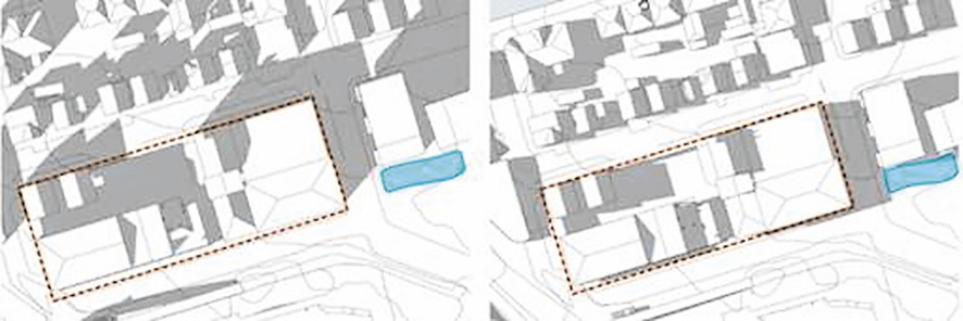 Figur 20. Eksisterende solforhold. Til venstre er mars kl.15, til høyre juni kl.18. Rød stiplet linje viser kvartalet, blå markering viser lekeplass.