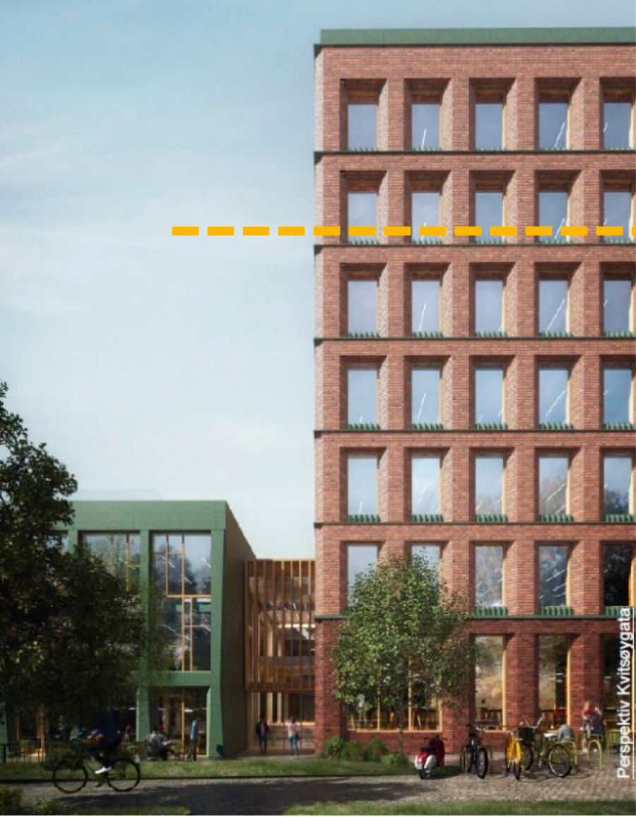 I saken til utvalget foreslår kommunedirektøren reduksjon av høyder som vist på illustrasjonen (gul stiplet linje) fordi: høyder på inntil 7 etasjer overstiger høyder i gjeldende plan, og vurderes som for høy opp mot eksisterende, verneverdig bebyggelse. Høyde og form i Ryfylkegata vil skyggelegge boligers leke- og uteområde i mars og bebyggelsene anbefales redusert.