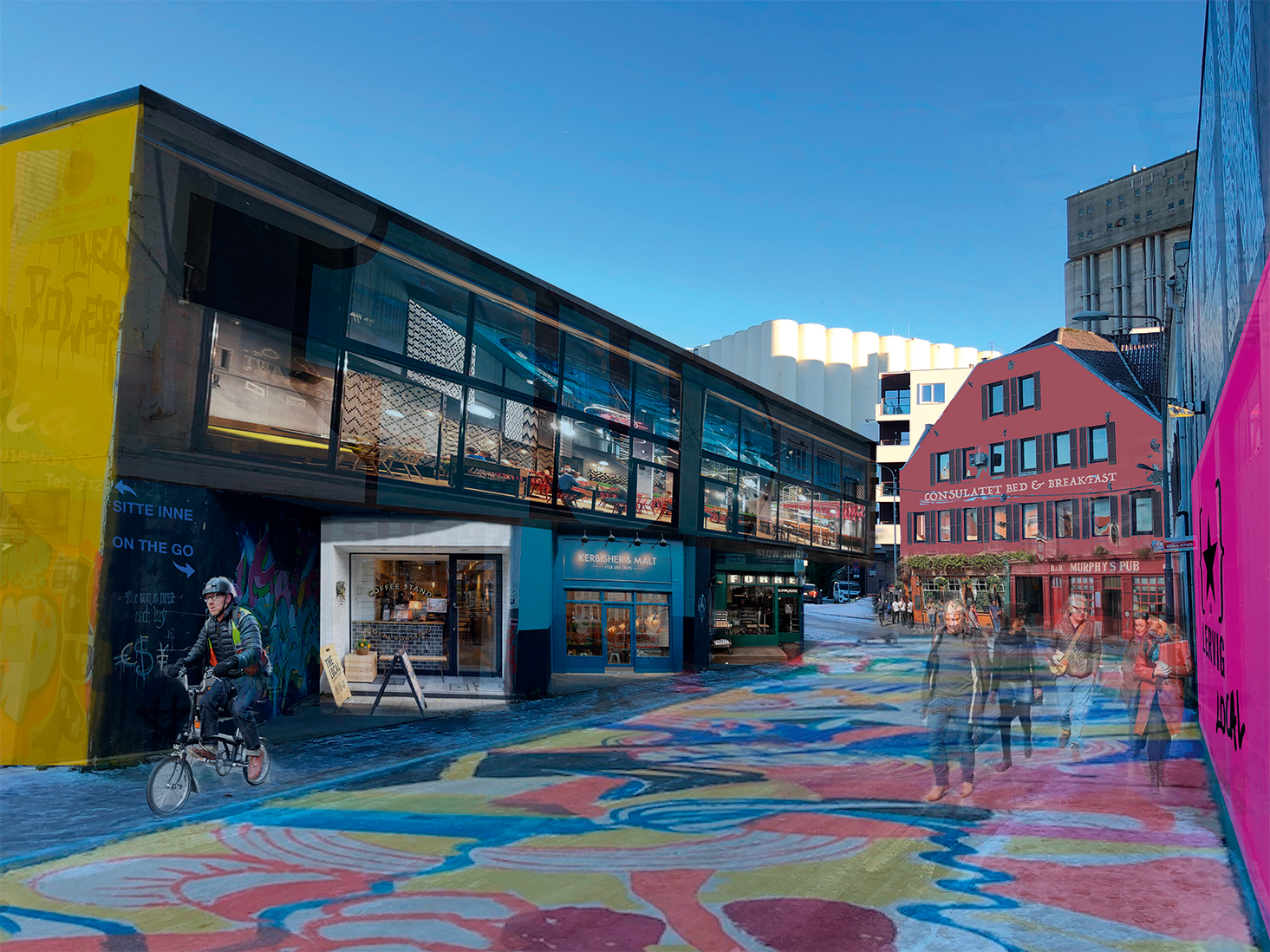 Hele eller deler av Dokken, f. eks mot Dokkgata, kan bevares til fordel for aktiv fasade på bakkeplan. Her finnes det allerede en fungerende og flott funkisfasade med små garasjenisjer som kunne blitt brukt til ulike formål. Over gata er det flere vernede bygninger som venter på urban transformasjon. Illustrasjon ved Anders Svendsen Almesveen.