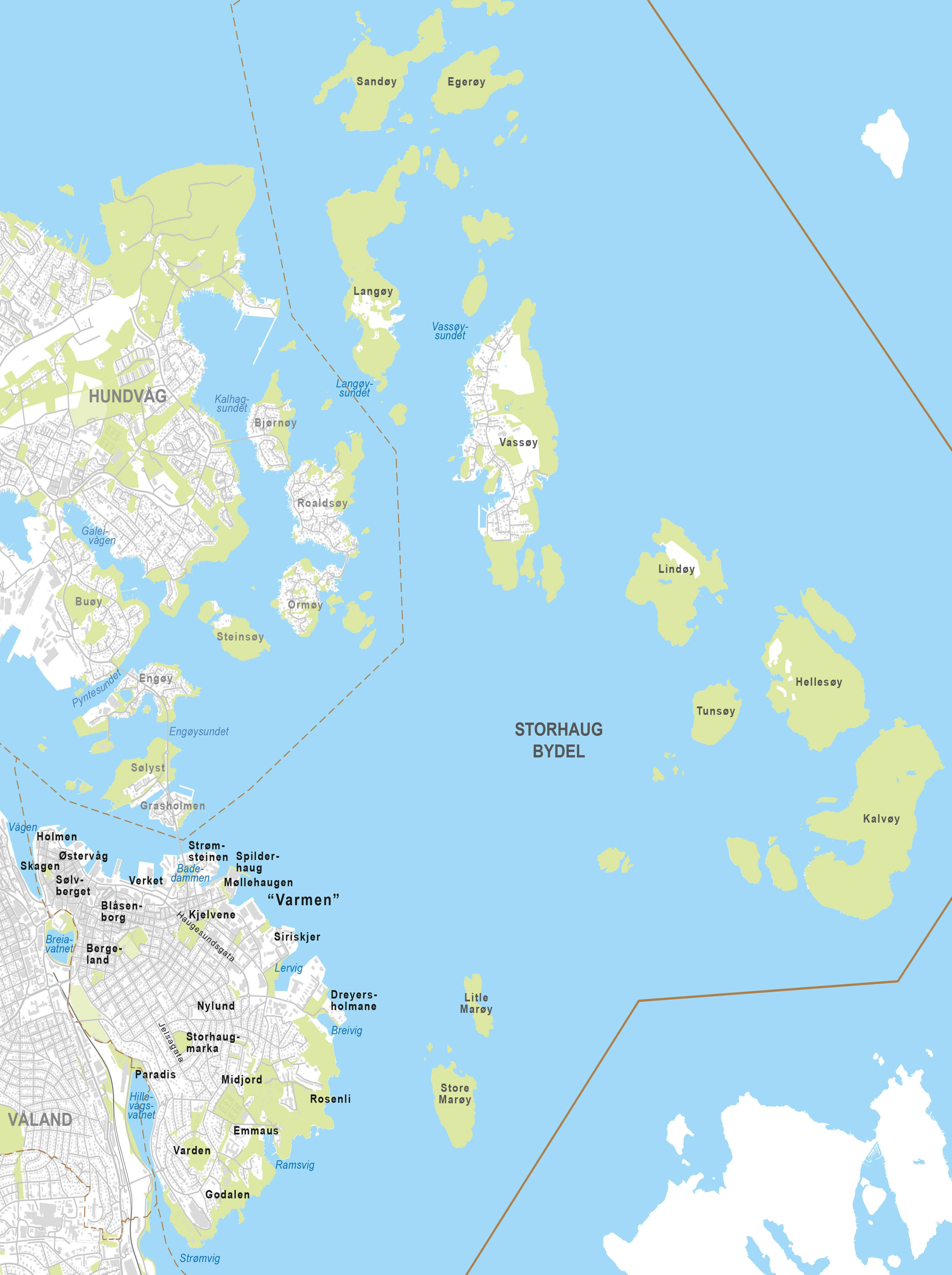 Storhaug bydel omfatter både det som tidligere var Østre bydel, byens sentrum øst for Vågen og Breiavatnet og alle byøyene uten broforbindelse. Blant de nyeste stedsnavn i bydelen er Holmen, Skagen, Sølvberget, Østervåg, Jorenholmen, Vassøy, Langøy, Lindøy, Hellesøy, Tunsøy, Kalvøy og de ubebodde øyene øst for Hundvåg. Stora og Litla Marøy hører også til.