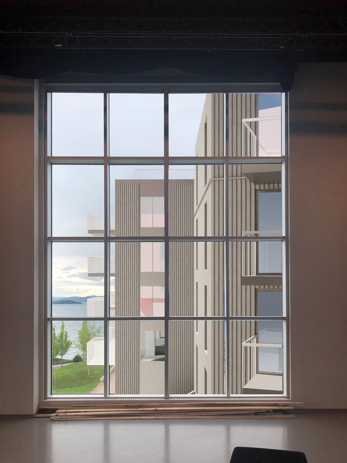 Innebygging sett fra vinduet på Tous Scene 1. Illustrasjonene er lagd på oppdrag fra Tou Scene as.