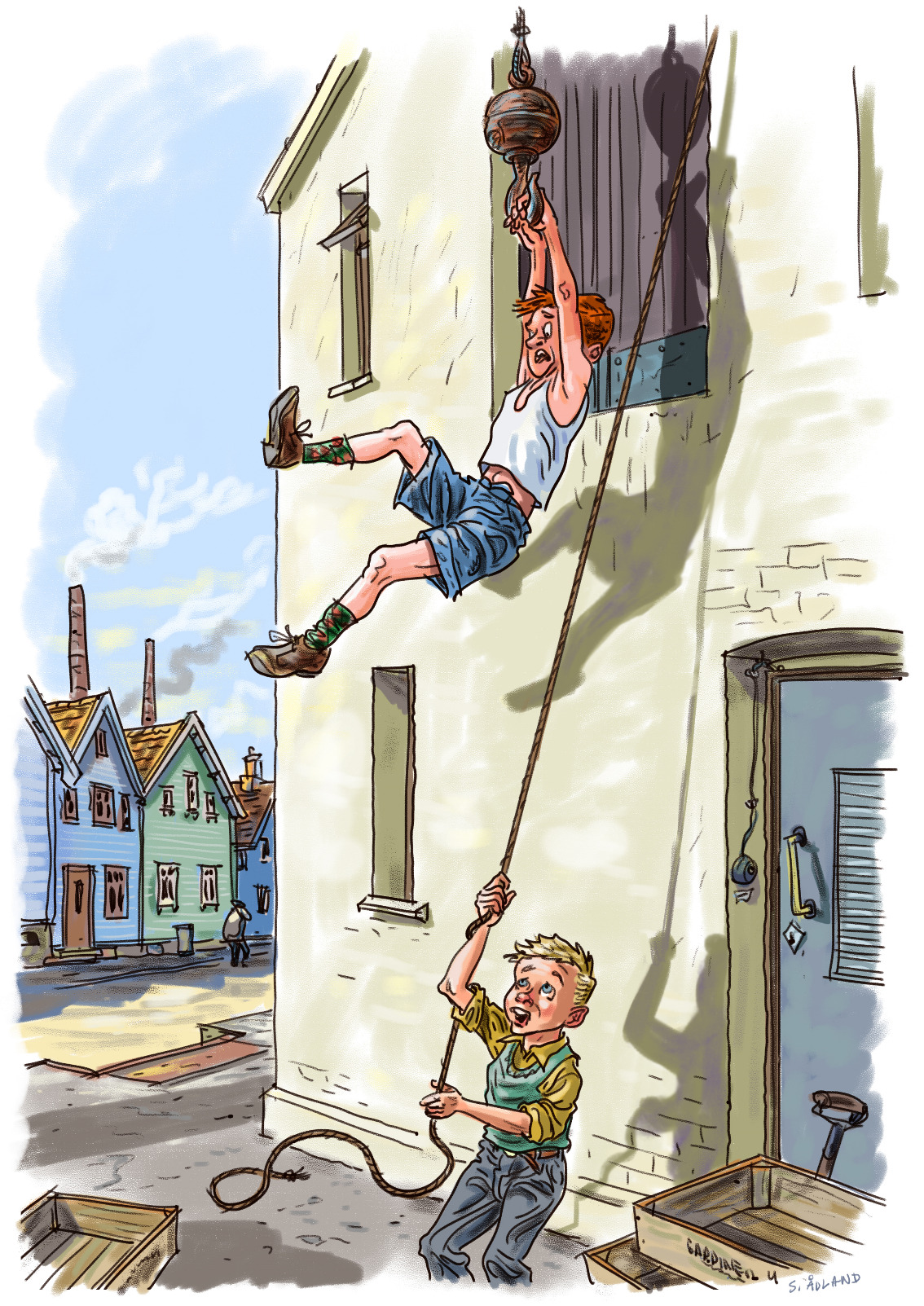 Da Falaen kom i heisen. Illustrasjon av Ståle Ådland (2022).