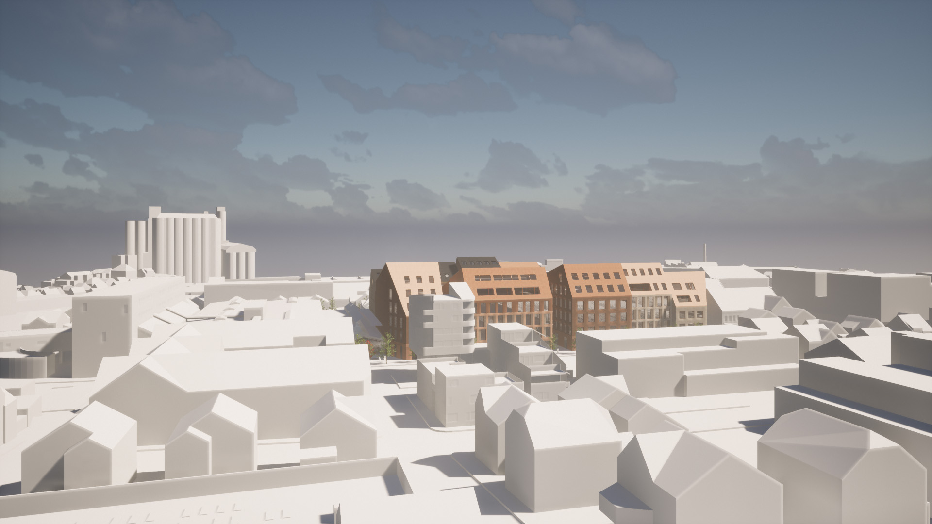 Helt til venstre ses kontorblokka med inngangsparti mot Kjelvene. Den ble tatt i bruk av BI fra 2003 til 2019. Etter ombygninger flyttet kommunens barnevern inn i 2020. Så følger forslaget til det nye East-Side kvartalet med nye gjennomgangsveier, her mot Haugesundsgata. Illustrasjon fra K A P - Kontor for Arkitektur og Plan as.