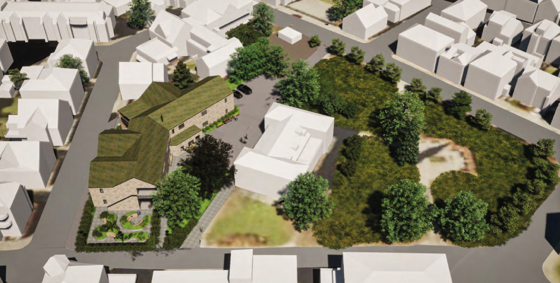 Bygningene til venstre viser hvordan Petri bofellesskap kan bli. Midt i bildet, i hvitt, tidligere Hetland gamle prestegård. I forkant av bildet ses Saudagata. Illustrasjonen er hentet fra sakspapirene.