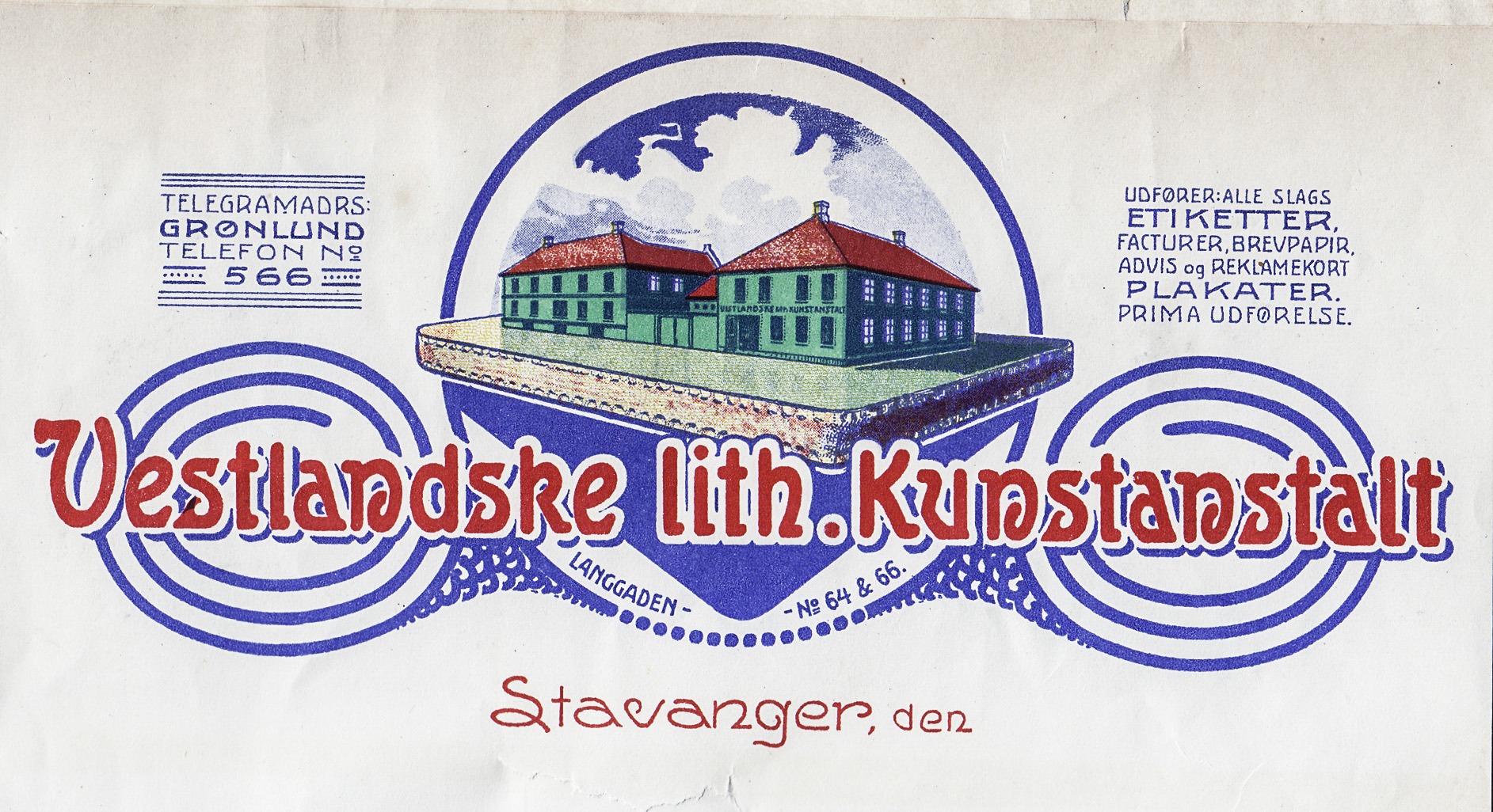 Vestlandske Lithografiske Kunstanstalt (1898 – 1929) holdt til i Langgata 64 og 66 og produserte alle slags etiketter, facturer, brevpapir, advis, reklamekort og plakater i prima utførelse.
