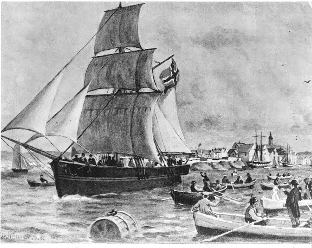 Restauration var opprinnelig en jakt, bygd i Hardanger i 1801. Senere ble den ombygd til en slupp i Egersund. Emigrantene ble kalt Sluppefolket. Maleriet av Eivind Nielsen heter Avreise fra Stavanger (Fra Restauration.no).