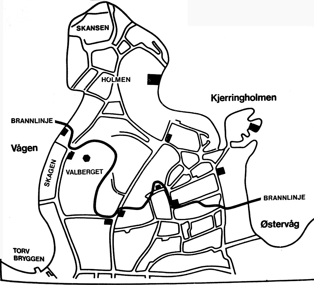 Nær 250 hus brant ned i «Holmabra’en» i 1860. Noen få hus sto igjen. Foto: Brannmuseet
